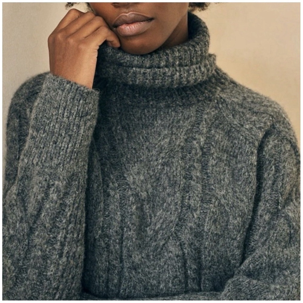 Faherty Frost Cable Stitch Turtleneck‎ Baby Alpaca Wool Blend Sweater Small Gray